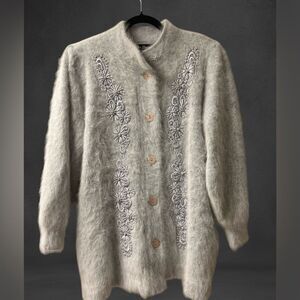 Vintage‎ Lee Sands Angora Cardigan–Pearl Beaded Floral Embroidery–Made in Korea